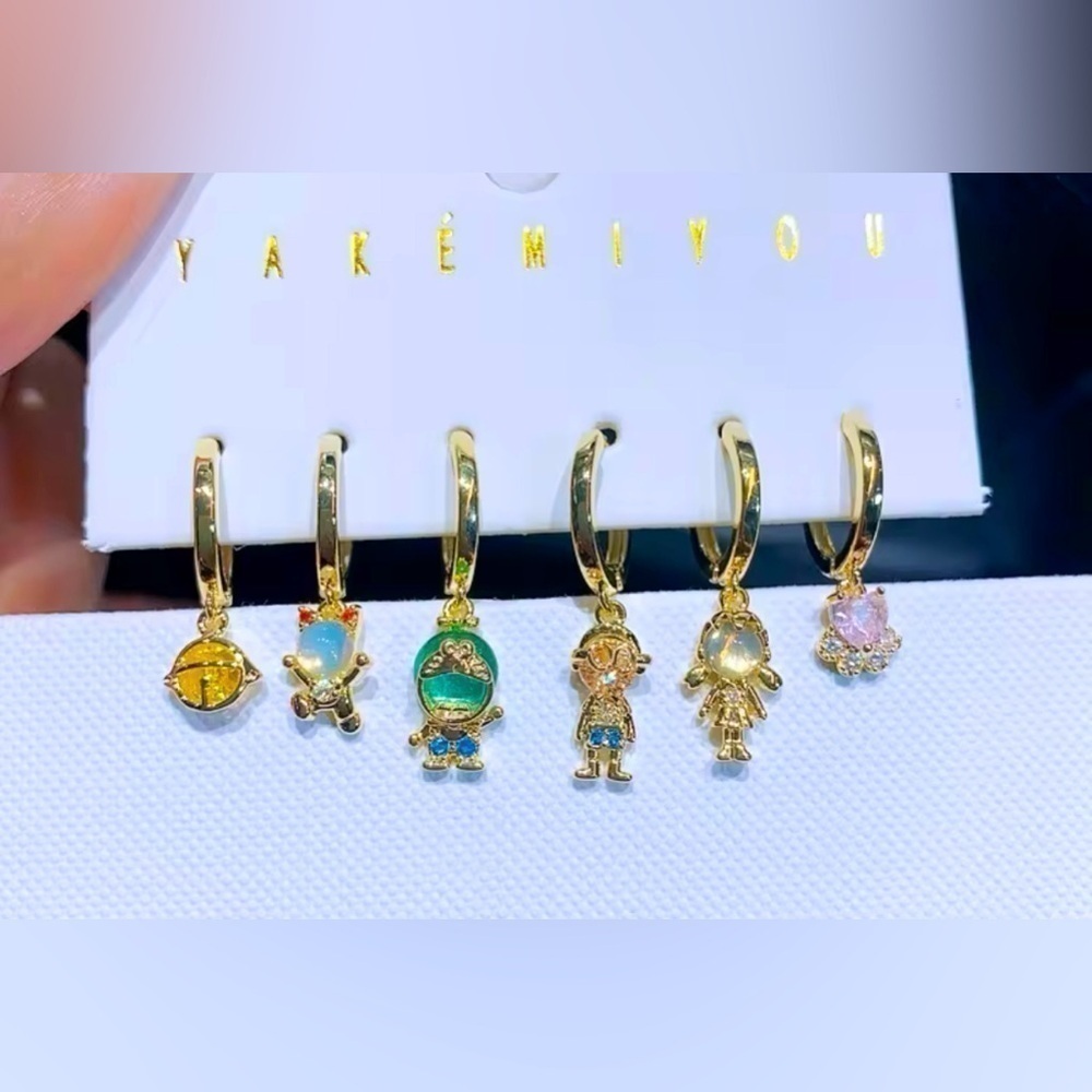 14K Gold Plated Doraemon Theme Earrings Huggie Hoop Dangle Mismatched Set